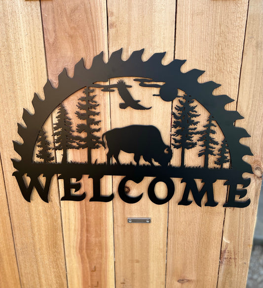 Metal Bison Saw Blade Welcome Sign