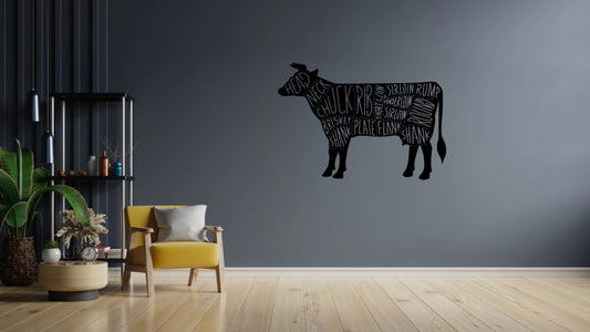 Cow, Steer, Butcher Shop Sign, Beef Meat Chart, Butcher Diagram, Meat Cuts, Kitchen Wall Art Metal Sign