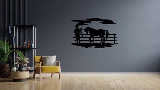 Cowboy and his horse in the Pasture Metal Art Home Decor